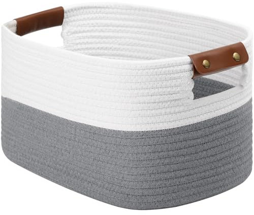 Patvingot Woven Cotton Rope Storage Basket for Shelves,with Detachable Leather Handles for Closet Storage, Laundry Baskets,Toy Towel Storage, Baskets for Bathroom Organizer(White/ Grey, 1 Pack)