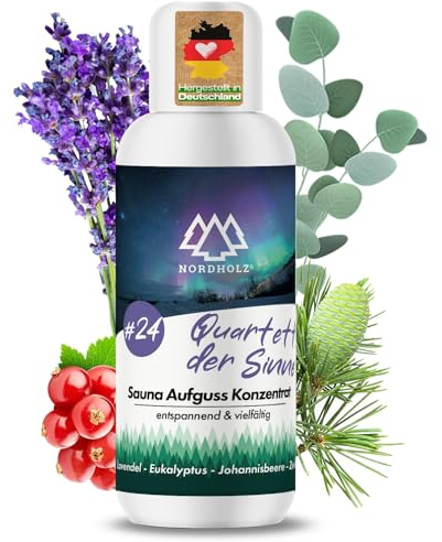 NORDHOLZ® Saunaaufguss [54 Sorten 15ml, 100ml, 250ml] - Sauna Aufgussmittel für intensive & erholsame - Sauna Zubehör (#24 Quartett der Sinne, 100ml)