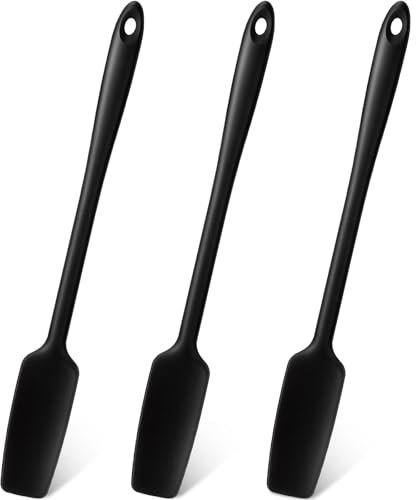 Patelai 3 Pieces Silicone Jar Spatula Long Handle Rubber Spatula Heat Resistant Non-Stick Silicone Scraper Kitchen Silicone Spatula with Stainless Steel Core for Baking (Black)