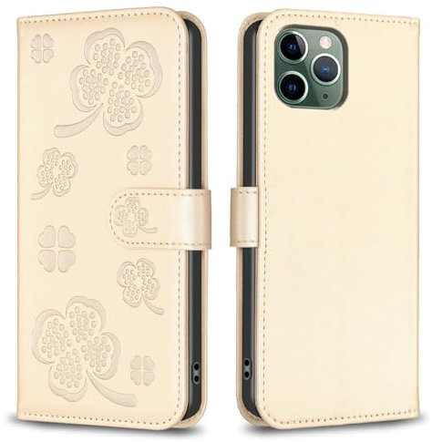 SATURCASE Funda para Apple iPhone 11 Pro, hermoso trébol de piel sintética con tapa magnética, soporte y ranuras para tarjetas, funda protectora para Apple iPhone 11 Pro (XY-dorado)