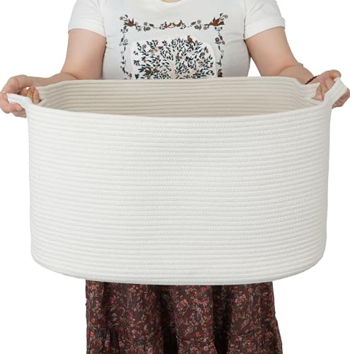 XUANGUO Großer rechteckiger Deckenkorb, Wohnzimmer, 55,9 x 43,2 x 30,5 cm, gewebtes Baumwollseil, Aufbewahrungskorb für Kinderzimmer, Spielzeugkorb für Kinder und Hunde, Weidenkorb, Wäschekorb für