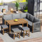 Garten-Essgruppe Gartenmöbel Set mit Kissen, Ecksofa, Polyrattan Lounge, Balkonset,Outdoor-Tisch- und Stuhl-Set für 7–8 Personen, mit Sofa, 3 Hocker und 1 Tisch, Akazie, Grau+Natur
