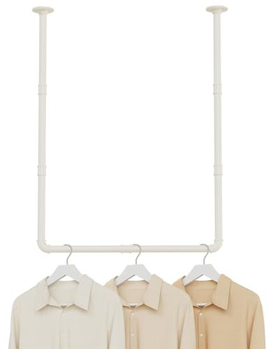 YheenLf Industrierohr Kleiderstange, Zwei Befestigungsmöglichkeiten, Wandmontage 180 cm, Garderobe Deckenmontage 69 x 90 cm, Leicht zu installieren, 1er Set, Beige