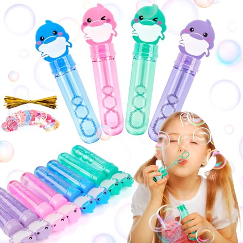 ilauke 8 Stück Seifenblasen Kinder, Mini Seifenblasen Set, 4 Farben Delfin Seifenblasen Kleine mit 10 Karten und Bindegurte, für Hochzeit, Kindergeburtstag, Standesamt, Polterabend,Kinderparty