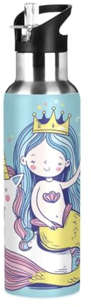 Dibujos Animados Dama Sirena Unicornio Botella de Agua Deportiva con Pajita Acero Inoxidable, Botellas Termica Sin BPA para Niños Deporte Gimnasio Ciclismo Escuela (600ml/1L)