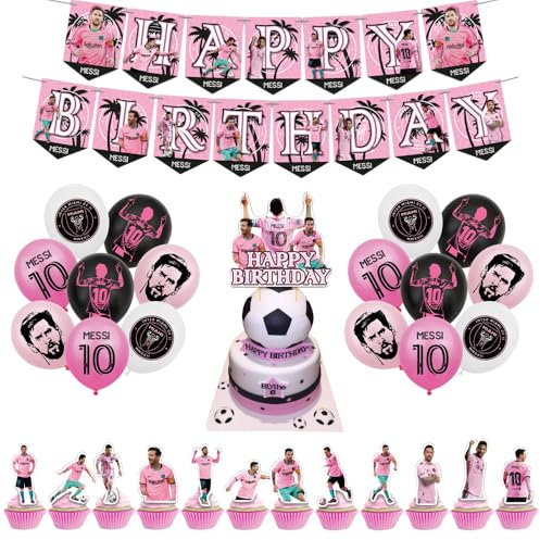 SMLHPARTY Lionel Messi Geburtstag Party Deko: 13pcs Kuchen Topper, 16pcs Ballons, 1pcs Banner - Rosa