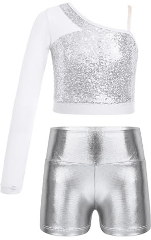 YiZYiF Kids Girls Hip Hop Jazz Latin Dance Costume Sparkly Long Sleeve One Shoulder Gymnastics Crop Top with Booty Short Set Silver 15-16 Years