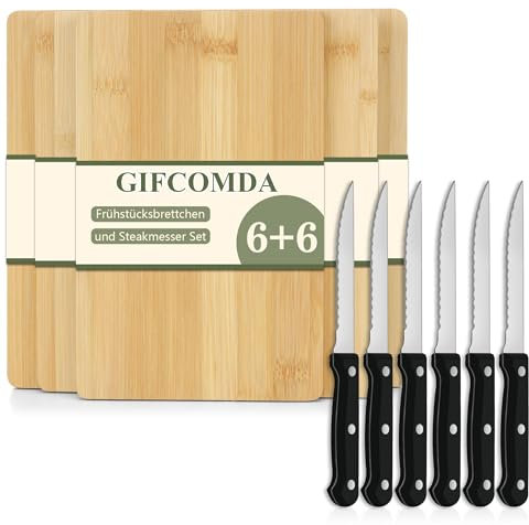 Gifcomda Set di 6 Taglieri in Bambù per la Colazione con 6 Coltelli da Bistecca, 22 cm x 14 cm x 0,8 cm Set di Taglieri, Tagliere per Spuntini, Tagliere per Panini, Antiscivolo