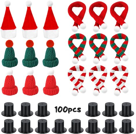 Pinyenr Mini Weihnachtsmütze und Schal Set,118pcs Weihnachtsmützen Mini Zylinder Nikolausmütze Glückswürmchen Sorgenwürmchen Zubehör Zylinder zum Basteln