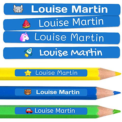 200 personalisierte Klebeetiketten für Bleistifte und Kugelschreiber. Schulaufkleber mit Namen zum Markieren von Gegenständen. Wasserfeste Aufkleber für Schule und Kindergarten Maße 4,6 x 0,6 cm