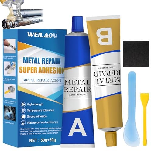 WEILAOK Colla Bicomponente, Colla Metallo, Metallo Extra Forte per la Riparazione Rapida di Varie Superfici Metalliche Come Motori e Acciaio Inox, 50g+50g