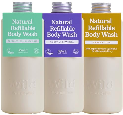 Wild - Natural Refillable Body Wash 300ml - 3 Pack of Shower Gel Refills in a Variety of Scents - Includes Coconut & Vanilla, Fresh Cotton and Amber & Oud Scents