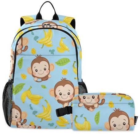 miaozhen Cute Monkey Bananas Glory Blue - Mochila y lonchera para niños y niñas, con lonchera de 8 a 10 años, Cute Monkey Bananas Glory Blue, 1 size, Mochilas Daypack