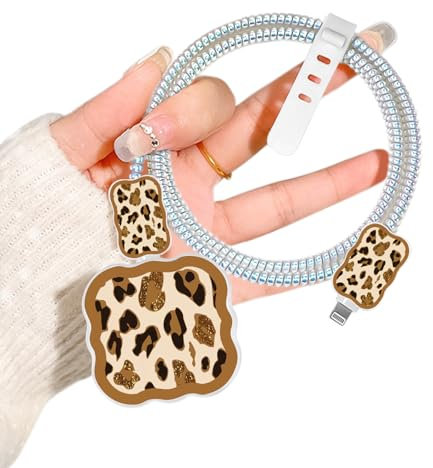 DiyGody Cables Charger Protector Set for iPhone, Protective Cover for UK Apple 18/20W Power Adapter, Charger Plug Protection with Leopard Print Design, Data Cable Case Wire Saver for USB-C Type-L
