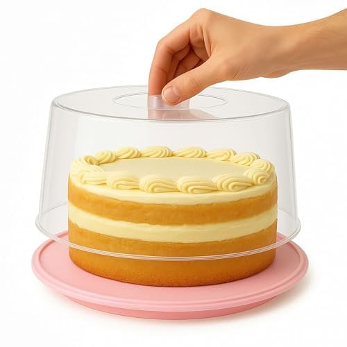 CHEFZOCO Portatartas de plástico, Recipiente redondo para tartas con tapa alta, Bandeja para Pasteles, Tartera plástico, Recipiente transporte repostería, 32 cm diámetro x 15 cm altura, Rosa