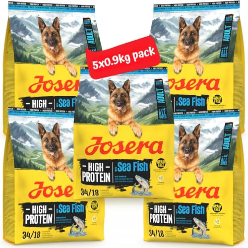 JOSERA High Protein Seefisch | 5X 900 g | Trockenfutter für Hunde | Adult | Lachs & Süßkartoffel | Premiumfutter für sportliche Hunde | getreidefrei & proteinreich | L-Carnitin & Taurin