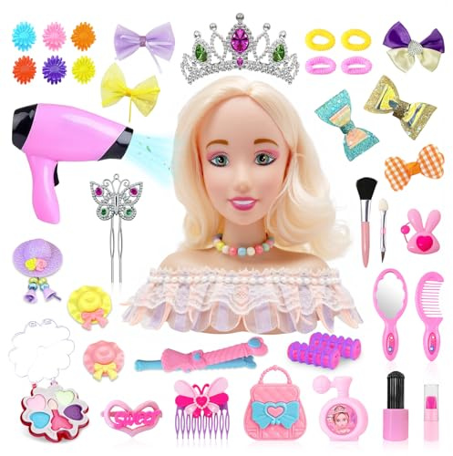 YIBEBE Schminkpuppe Frisierkopf Kinder Friseur Set: Schminkkopf für Mädchen mit Puppenkopf und Friseur Zubehör Set - Kinderschminke Spielzeug Geschenk für Mädchen ab 3 4 5 6 7 8 Jahre (Set-4)