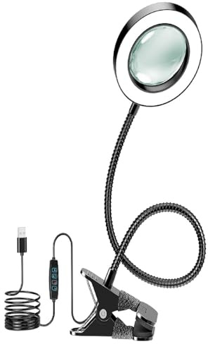 10X Magnifying Glass with Light and Timer, 2 in 1 Magnifying Desk Lamp, 3 Color Modes 10 Dimmable Brightness, Flexible Gooseneck Magnifier with Light for Craft Hobby Sewing Close Work(No Adapter)
