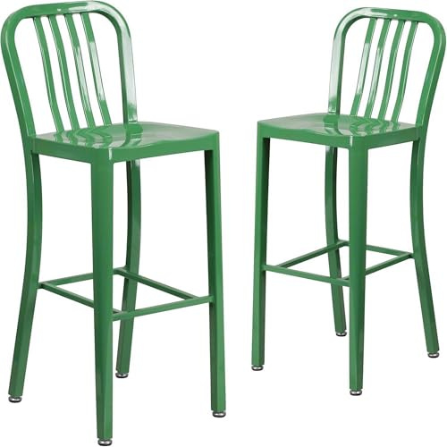 FWStyle Gael 76.8cm Green Metal Bar Stool Glossy Powder-Coated Finish, Curved Backrest, Footrest, Stackable, Fully Assembled – Indoor Outdoor Use for Kitchen or Café