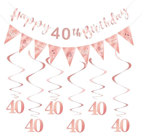 40th Birthday Decorations for Women, 40th Birthday Banner, 40 Birthdays Bbanners for Women, HSC Rose Gold Bunting Banner with Triangle Flag and Hanging Swirls Streamers for Party Decor Supplies