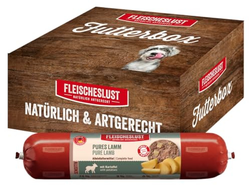 Fleischeslust Hundewurst, Pures Lamm mit Kartoffel als Futterbox (8x400g), Sensitive Nassfutter-Wurst schnittfest & getreidefrei, Hundefutter für ausgewachsene Hunde