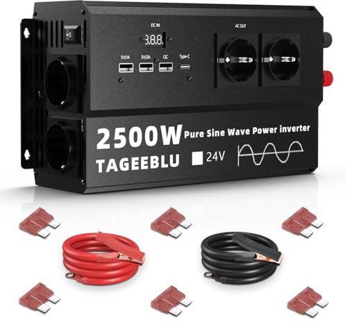 2500W wechselrichter 24V auf 230V Reiner Sinus, spannungswandler 24v 230v | Wechselrichter für Fahrzeuge mit 4 EU Steckdose und LCD Bildschirm