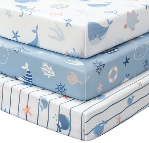 FIEMOL Baby Spannbettlaken 70x140 cm Kinderbett Spannbetttuch, 3er-Pack Mikrofaser Bettlaken Für Babybett, Ultrasanft & Seidigglatt Kinderbettlaken Blaue Ozean-Wale