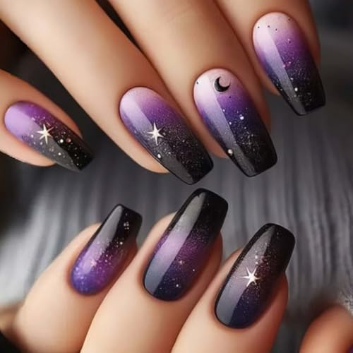 24Pcs Deep Purple to Black Galaxy Press On Nails, Medium Coffin, Glitter