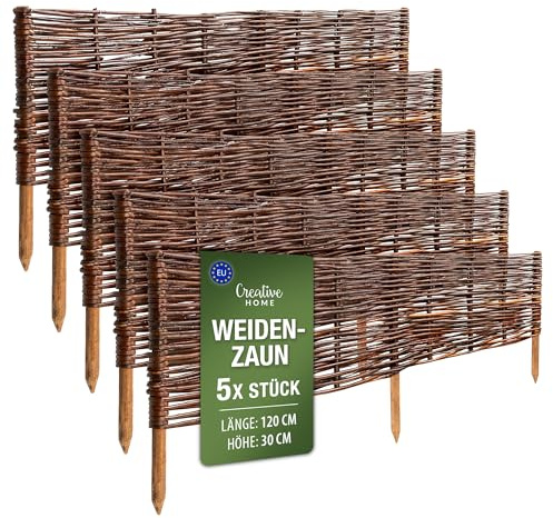 Creative Home Beeteinfassung Weide Weidenzaun 5er Set 120 x 30 cm (+/-1cm) | Gartenzaun Beetumrandung Steckzaun | Rasenkante Beetbegrenzung | Dekorativer Zaun Garten