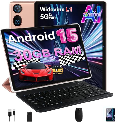 DMOAO Tablet 10 Pollici Android 15 con 30 GB RAM + 2TB ROM Espansione, FHD Tablet con Tastiera e Mouse, 5G Wi-Fi, GPS, Widevine L1, Octa-Core, USB-C, BT 5.0, 6000 mAh, 8MP+5MP, Gemini AI, Oro