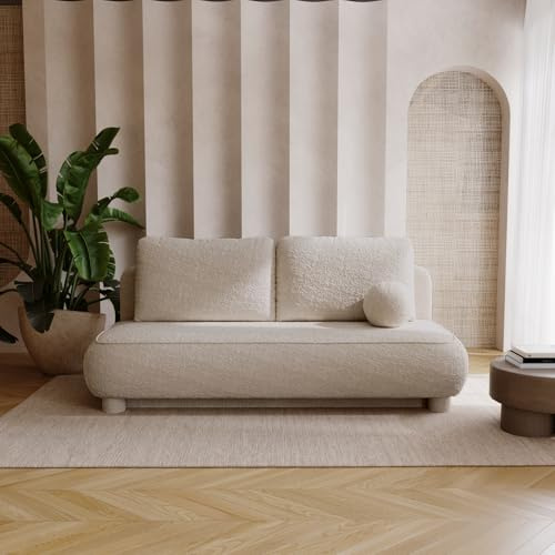 FurniDe24 Schlafsofa Gaja mit Bettkasten, 3-Sitzer, Beige (Quelle 03) | Bouclé-Sofa mit Rollenauszug, 194 × 140 cm Liegefläche, gepolsterter Rückseite und rundem Dekokissen