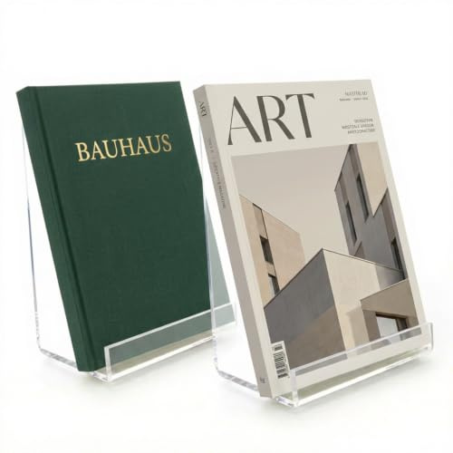 AIDIMOO 2er Set Acryl Buchständer J-Form, Buchstütze & Tablet Halter | 2er Set J-Acryl Buchständer, transparent, kratzfest. Ideal für Bücher, Tablet & Deko. 16x11x13cm.