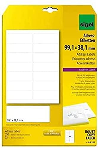 SIGEL LA321 abgerundete Adress-Etiketten selbstklebend, bedruckbar, weiß, 99,1 x 38,1 mm, 350 Etiketten = 25 Blatt