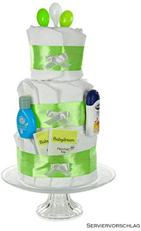 Windeltorte neutral grün - Baby Geschenk zur Geburt, Babyparty und Taufe - Premium Windeltorten von dubistda