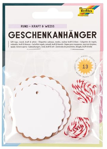 folia 12001 - Geschenkanhänger Classic rund, natur & weiß, 12 Stück, inklusive 2 m Schnur, zum individuellen Beschriften und Kennzeichnen der Geschenke