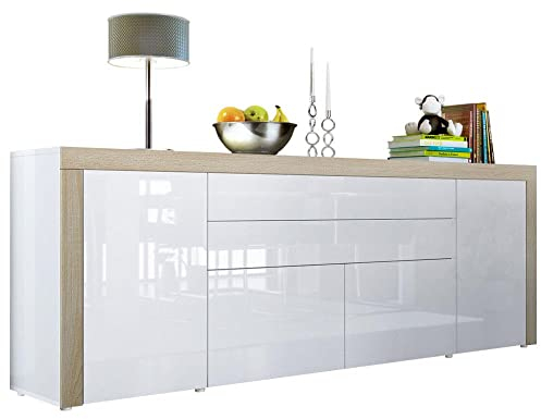 Vladon Sideboard La Paz V2, Made in Germany, Kommode mit 2 Türen, 2 Schubkästen und 2 Klappen, Weiß Hochglanz/Weiß Hochglanz/Eiche sägerau (200 x 72 x 35 cm)