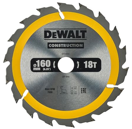 Dewalt Bau-Kreissägeblatt für Handkreissägen (160/20, 18WZ, für schnelle Schnitte, 1 Stück) DT1931-QZ