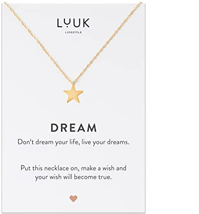 LUUK LIFESTYLE Collier avec pendentif etoile en acier inoxydable et carte DREAM, porte-bonheur, bijou femme astro, personnalisé cadeau, ado fille, accessoire de mode, résistant, Or(env. 50cm)