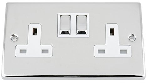 Polished Chrome Square Double Socket 2 Gang White Insert Metal Rocker Switch