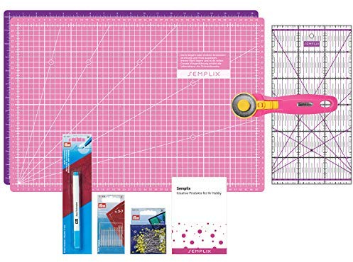 SEMPLIX Patchwork Starter Set mit Schneideunterlage (A3), Rollschneider Maxi, Lineal + Nähnadeln, Stecknadeln & Trickmarker (pink/lila)