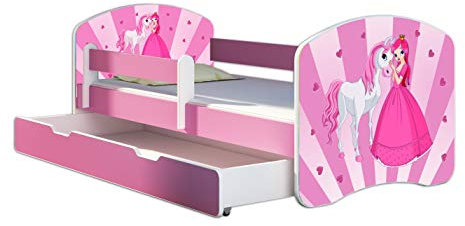 Kinderbett Jugendbett mit einer Schublade und Matratze Rausfallschutz Rosa 70 x 140 80 x 160 80 x 180 ACMA II (08 Princess, 80 x 160 cm mit Bettkasten)