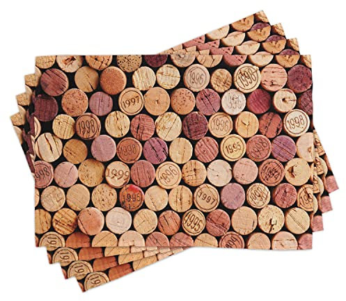 ABAKUHAUS Wine Placemats, Random Wine Corks Used, Washable Fabric Dining Room Kitchen Table Decoration Digital Print, Peach Ecru