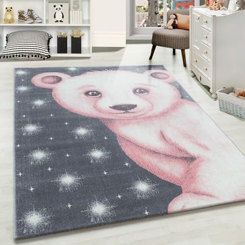 Carpetsale24 Kinderteppich Modern Bären Design Pink und Grau 80 x 150 cm - Kurzflor Teppich Kinderzimmer Waschbarer Spielteppich Babyteppich für Junge und Mädchen Extra Weich und Antiallergen Läufer
