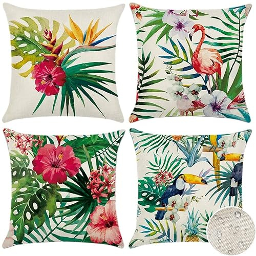 Artscope wasserdichte Kissenbezugen, 4 Stück Tropische Pflanzen und Blumen und Vögel Kissenhülle Atmungsaktiv Kissen Fall für Outdoor Balkon Terrasse Patio Garten Bauernhaus Dekor 45 x 45cm