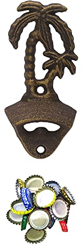 Luwanburg Palm Tree Cast Iron Beer Bottle Opener Wall Mounted with Magnetic Cap Catcher (Aged Bronze)