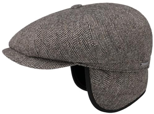 Stetson Hatteras Classic Ear Flaps Flatcap Schirmmütze Fischgrätmuster Wollcap Ohrenschutz Made in EU Herren Herbst Winter Dunkelbraun 55 cm