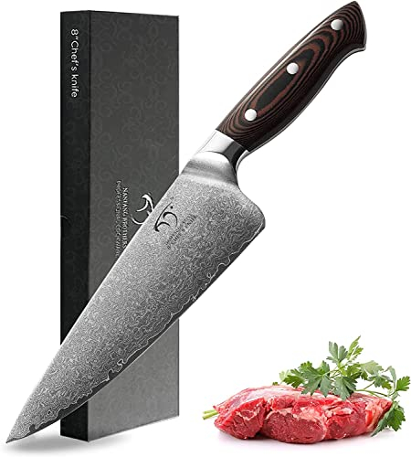 Damaskus Kochmesser 8 Zoll, Pro Grade 67 Layer VG10 Edelstahl ultrascharfes Messer, Küchenmesser mit Deluxe Holzgriff, flecken- und korrosionsbeständige Kochmesser (8 Zoll Kochmesser)