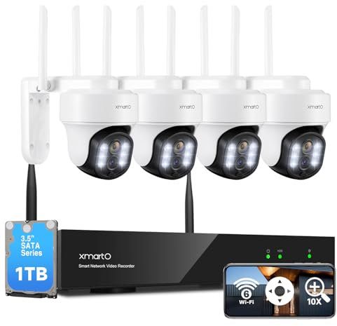 Système de caméra de sécurité XMARTO 10CH HD PTZ sans fil pour extérieur/intérieur, double WiFi 4K NVR avec 4 caméras domestiques 2K rotatives, disque dur de 1 To (surveillance 24h/24, 7j/7, relais