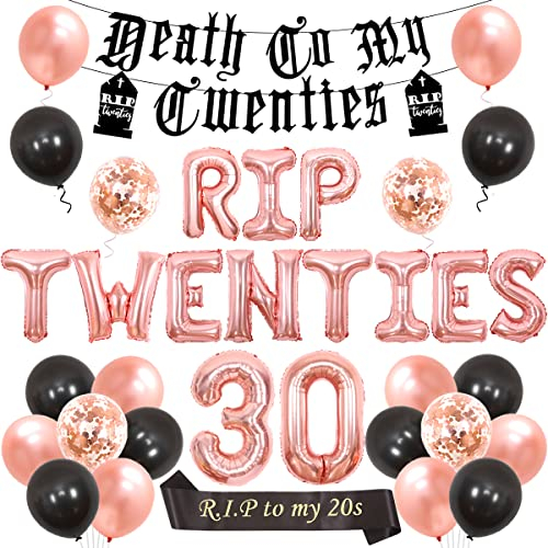 Kreatwow Rip Twenties 30th Birthday Decoration for Women Rip 20s Birthday Decor Black and Rose Gold Balloon Death to My Twenties Banner, Rip to My 20s Sash, 30 Foil Balloon for Funny Thirty Birthday