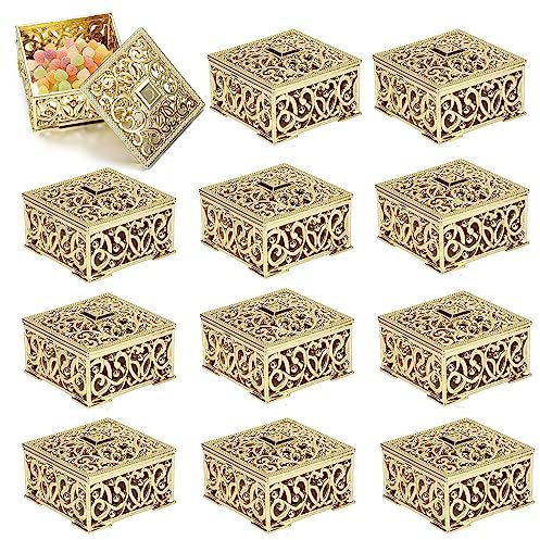 12 Stück Hochzeits Geschenkboxen 5,7×5,7×3 cm Kunststoff Mini Aushöhlung Bonbon Geschenkboxen Party Favor Candy Boxen für Hochzeitsbevorzugungen, Weihnachten, Geburtstag(Gold)